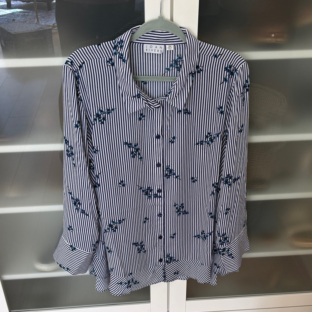 Joan Rivers Navy and White Striped Floral Blouse, lightweight - 18